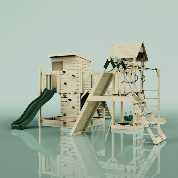 Holzspielplatz mit Rutsche, Kletterwand und Schaukel