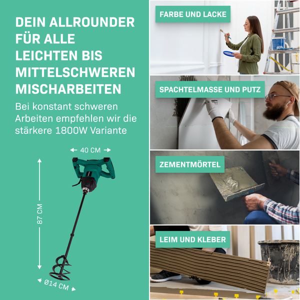 VONROC Betonmischer inkl. Rührwerk [1400W] - Quirl Mörtelrührer [mit Sanftanlauf] für Beton, Zement, Farbe, Mörtel - Einstellbare Geschwindigkeit [240-850/min]