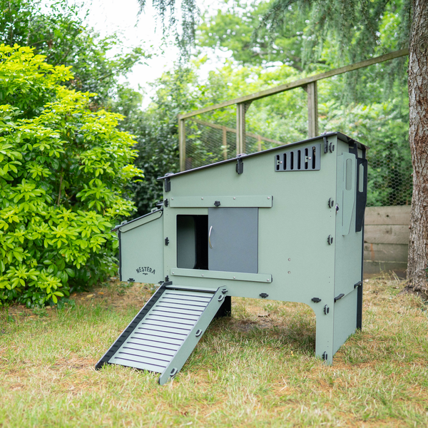 Erhöhter Nestera Hühnerstall aus recyceltem Kunststoff mit Rampe und Legenest auf einer Rasenfläche im Garten.