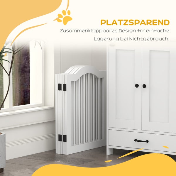 PawHut Absperrgitter Hund 5-teilig, 254,5 x 61 cm Faltbar Hundegitter mit Tür, Türschutzgitter mit 2 Stützfüßen, Freistehend Treppengitter für Küche, Flur, Weiß