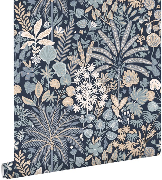 ESTAhome Tapete tropische Blätter und Blüten Graublau und Beige - 50 x 900 cm - 130948