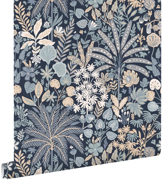 ESTAhome Tapete tropische Blätter und Blüten Graublau und Beige - 0.53 x 10.05 m - 130948