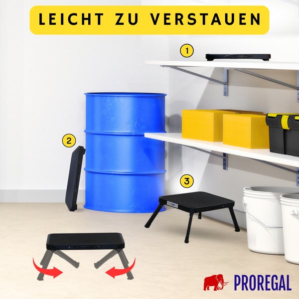 Klappbarer Tritthocker von Proregal in einer Garage, platzsparend gelagert auf einem Regal, an der Wand lehnend und auf dem Boden aufgebaut. Proregal Logo.