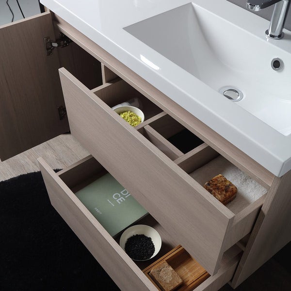 Waschtischunterschrank mit offenen Schubladen zur Aufbewahrung von Badutensilien