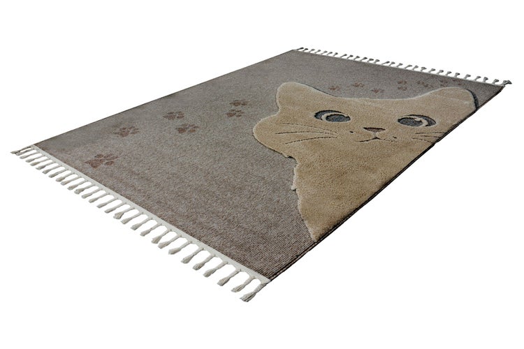 Rechteckiger Teppich mit Katzenmotiv und Pfotenabdruckmuster sowie Fransen an den kurzen Seiten.