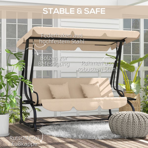 Outsunny 2 in 1 Hollywoodschaukel mit Liegefunktion 3-Sitzer Gartenschaukel mit Sonnendach, Getränkehalter Kissen Schaukelbank belast bis 340kg, Gartenliege für Garten, Terrasse, 200x120x164 cm, Braun