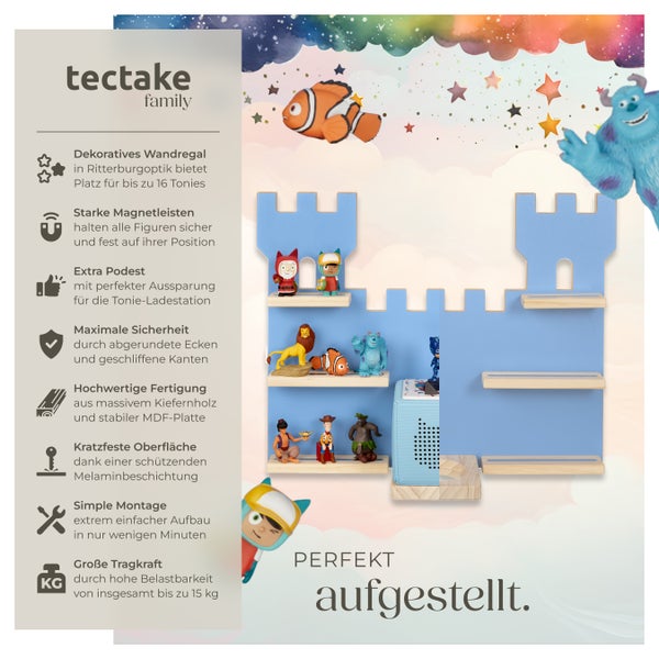 Wandregal tectake MyLittleStory Fortress 56 x 15,5 x 43 cm, unsichtbare Aufhängung  für bis zu 16 Tonies blau