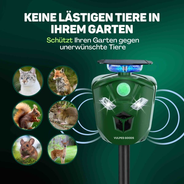 Vulpes Goods Katzenschreck - Ultraschall Tierenvertreiber - Tierschreck - Katzenabwehr - Marderabwehr - Abwehrmittel für Katzen, Vögel, Mäuse, Marder - Wasserdicht - 360° - Solar