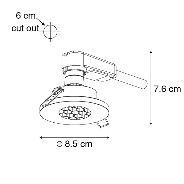 Technische Zeichnung eines Einbaustrahlers: Durchmesser 8,5 Zentimeter, Höhe 7,6 Zentimeter und Ausschnitt 6 Zentimeter.