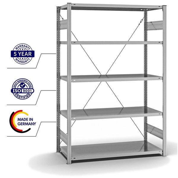 PROREGAL Fachbodenregal Stecksystem T-Profil Light-Duty Grundregal HxBxT 200 x 130 x 60 cm 5 Ebenen Fachlast 190 kg Einseitig Nutzbar Verzinkt