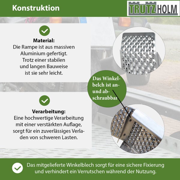 Produktinformationen zur Trutzholm Rampe: Konstruktion, Material aus Aluminium, abnehmbares Winkelblech für sichere Fixierung