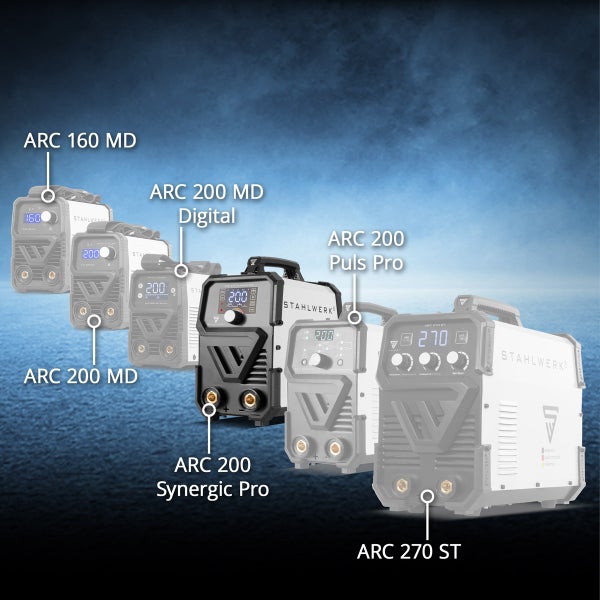 Produktvergleich von Stahlwerk ARC Schweißgeräten der Modelle ARC 160 MD, 200 MD, 200 MD Digital, 200 Synergic Pro, 200 Puls Pro und 270 ST.
