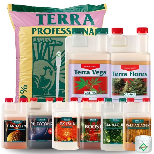 Canna Pflanzennährstoff-Set mit Terra Professional Erde, Terra Vega, Terra Flores und Zusätzen wie Cannazym, Rhizotonic, PK 13/14 und Boost.