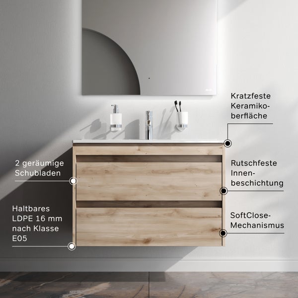 Waschtischunterschrank mit zwei Schubladen, kratzfester Keramikoberfläche und Softclose Mechanismus