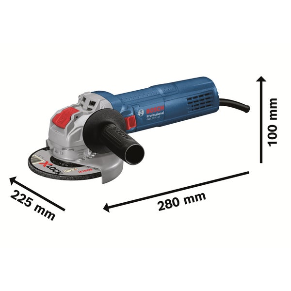 Bosch Professional Winkelschleifer GWX 750 125 mit X LOCK System und Maßangaben