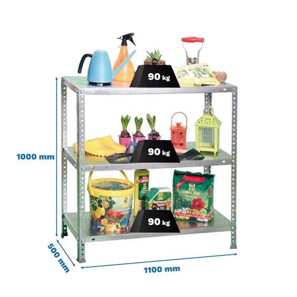 Verzinktes Metallregal mit 3 Böden, Traglast 90 Kilogramm pro Boden, Maße 1000 mal 1100 mal 500 Millimeter, bestückt mit Gartenutensilien.