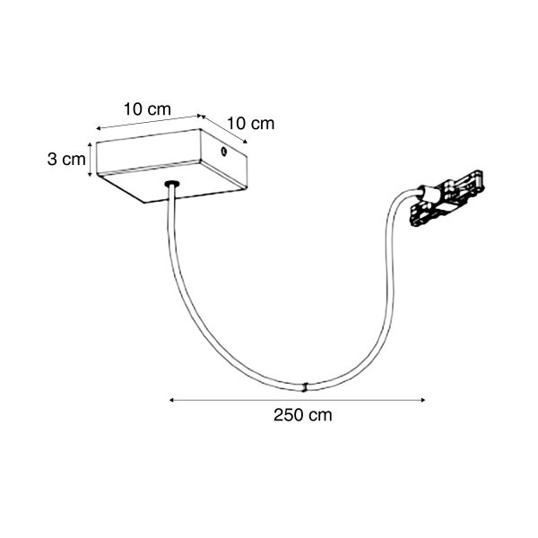 Abbildung einer Pendelleuchte mit den Maßen 10 x 10 x 3 Zentimeter und einer Kabellänge von 250 Zentimetern.