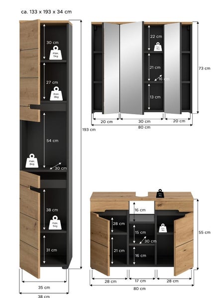 Maßzeichnung Badmöbel-Set mit Hochschrank, Spiegelschrank und Waschbeckenunterschrank mit Angaben in Zentimeter und Belastbarkeit in Kilogramm.