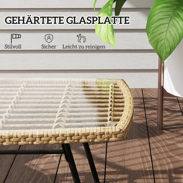 Outsunny Polyrattan Gartentisch, 90 x 50 x 45 cm, UV-beständig Beistelltisch mit Glasplatte, rechteckiger Terrassentisch, Balkontisch für Garten, Terrasse, Balkon Naturholz