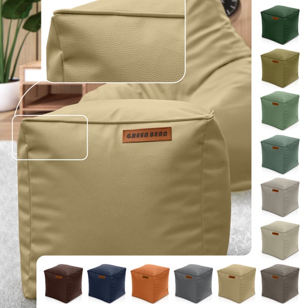 Abbildung eines quadratischen Sitzsacks mit Lederstruktur und Green Bean Logo, zusammen mit einer Auswahl weiterer Sitzsäcke in verschiedenen Farben