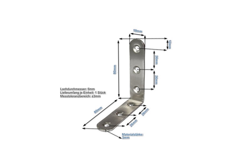 Winkelverbinder aus Metall mit Maßangaben, Schenkellänge 80 Millimeter, Materialstärke 3 Millimeter, Lochdurchmesser 5 Millimeter.
