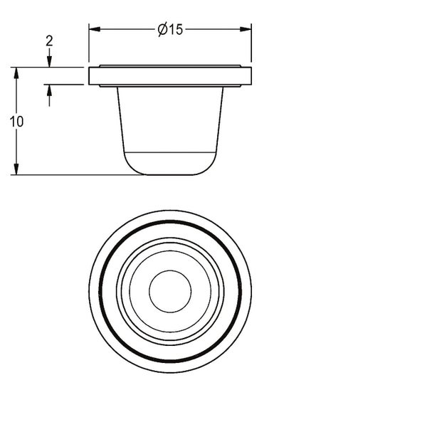 Technische Zeichnung eines Stopfens mit 15 Millimeter Durchmesser und 10 Millimeter Gesamthöhe in Seitenansicht und Draufsicht.