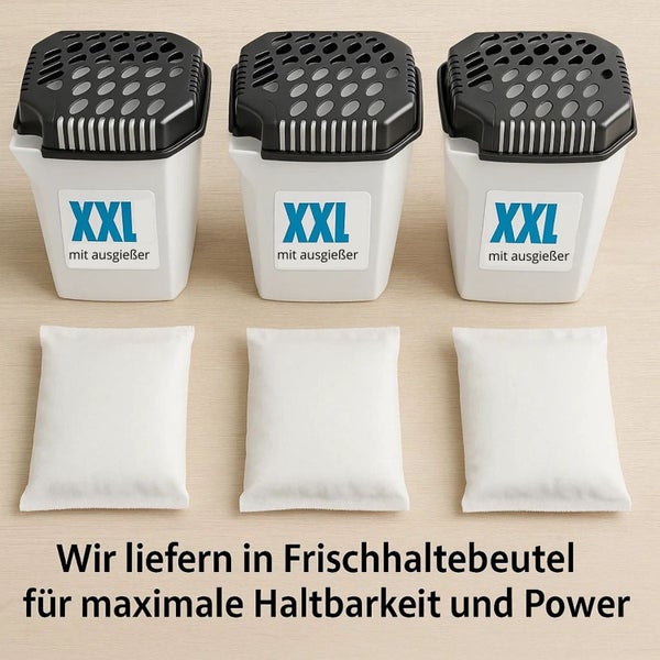 Drei Luftentfeuchter XXL mit Ausgießer und drei Nachfüllbeutel zur Feuchtigkeitsregulierung.