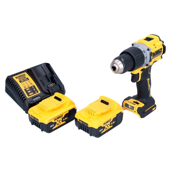 DeWalt Akku-Bohrschrauber Set mit bürstenlosem Motor, zwei 18 Volt 5,0 Amperestunden Akkus und einem Ladegerät.