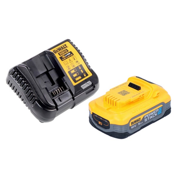 DeWalt Akku-Ladegerät und DeWalt PowerStack 18 Volt 5 Amperestunden Lithium-Ionen-Akku.