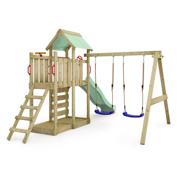 WICKEY Spielturm Klettergerüst MultiFlyer mit Schaukel und Rutsche, Kletterturm mit Sandkasten, Leiter und Spiel-Zubehör – pastellgrün