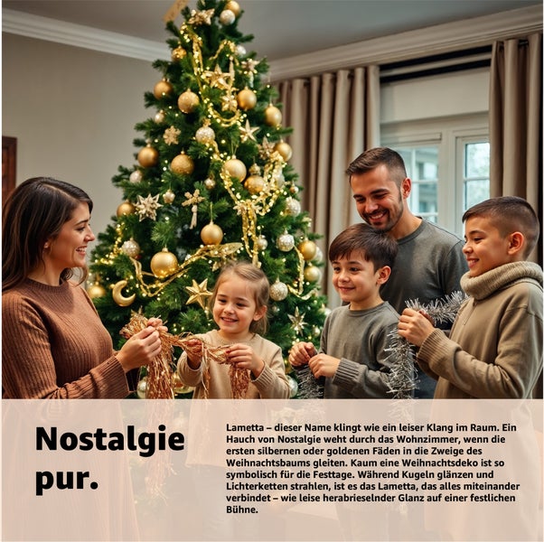 Familie schmückt einen Weihnachtsbaum mit Lametta und Weihnachtskugeln im Wohnzimmer.