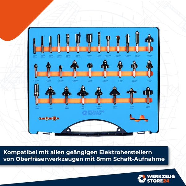Oberfräser-Satz mit verschiedenen Fräserformen im blauen Aufbewahrungskasten