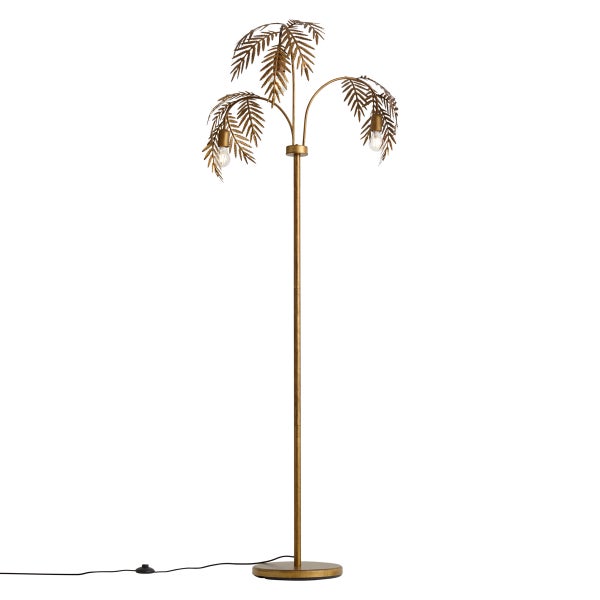 Goldfarbene Stehleuchte in Palmenform mit drei Palmwedeln und zwei Fassungen für Leuchtmittel.