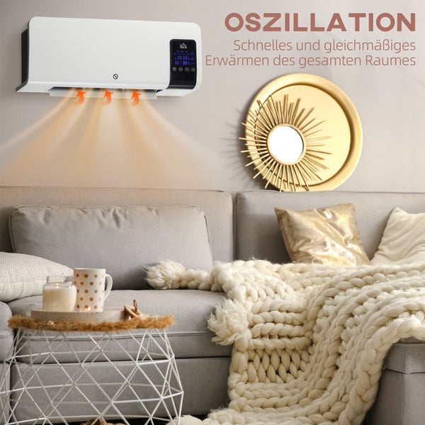 Wandheizgerät mit Oszillation für schnelles Erwärmen, montiert über einem Sofa in einem hellen, organisierten Wohnzimmer.