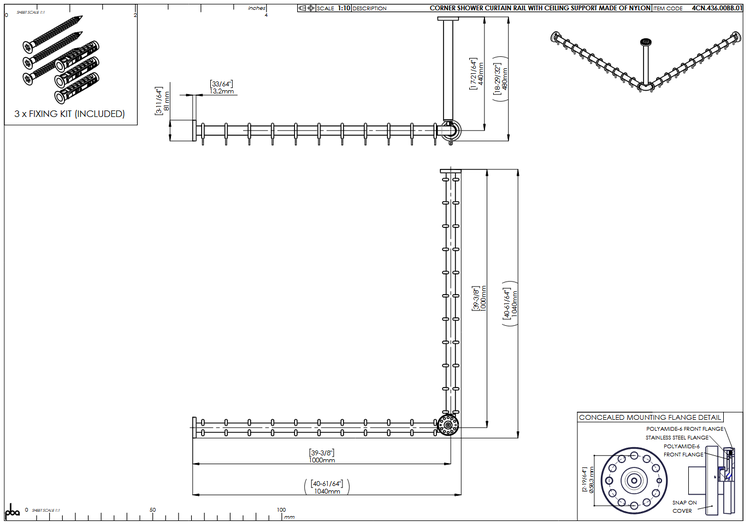 Technische Zeichnung einer Eck-Duschvorhangstange aus Nylon mit Deckenstütze, Maßen und Befestigungsmaterial.