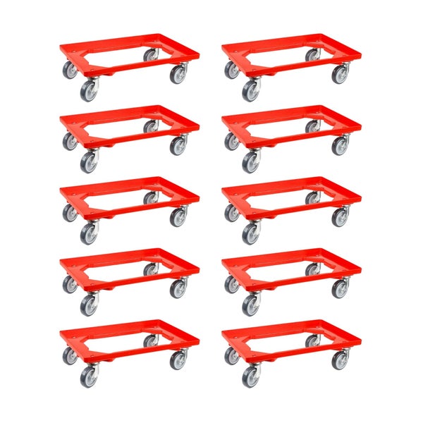 PROREGAL SparSet 10x Transportroller für Euroboxen 60 x 40 cm mit Gummiräder Rot Offenes Deck 2 Lenkrollen und 2 Bockrollen Traglast 300 kg