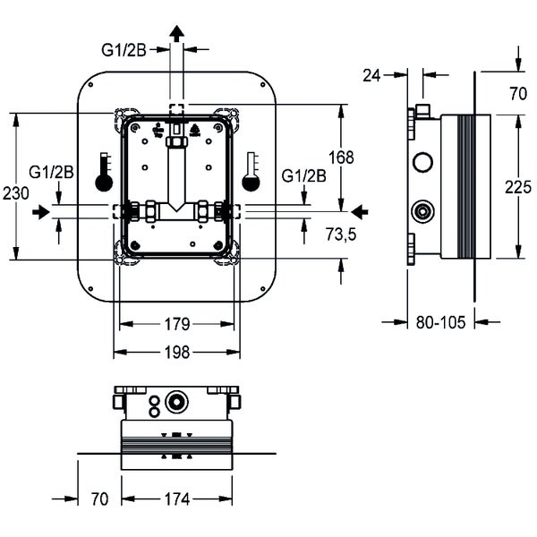 Maßzeichnung eines Unterputz-Einbaukörpers mit Abmessungen in Millimetern und G 1/2 B Anschlüssen.