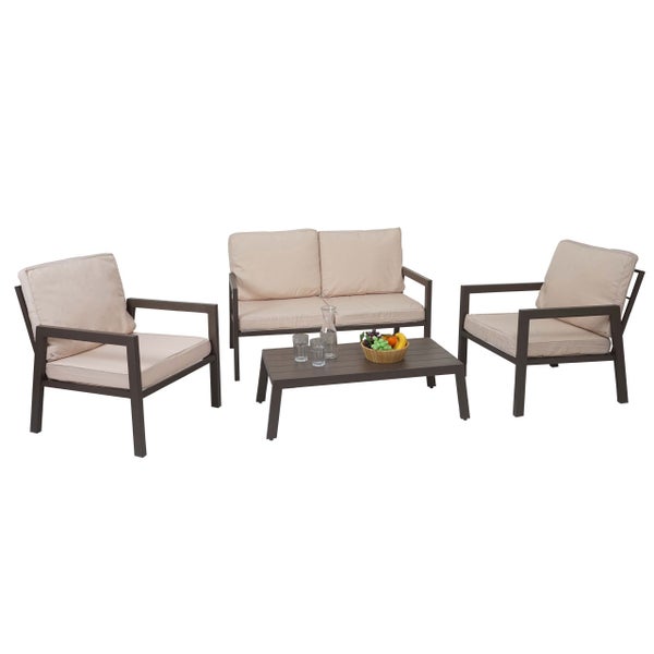 Garten-Lounge-Set aus dunklem Metall mit einem Zweisitzer-Sofa, zwei Sesseln, einem rechteckigen Couchtisch und hellen Polstern.
