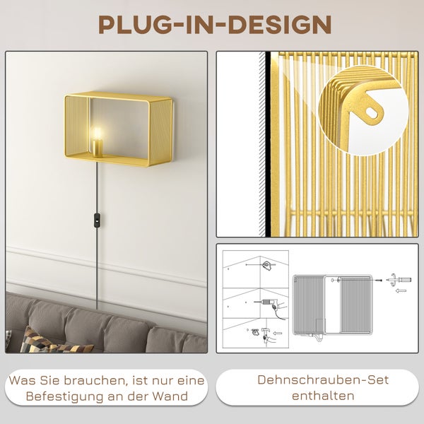 HOMCOM Wandleuchte, 40 W Wandlampe, Flurlampe, Wandbeleuchtung mit Kippschalter, für Wohnzimmer, Schlafzimmer, Metall, Gold, 40,5 x 15,4 x 25,2 cm, exkl. Glühbirne