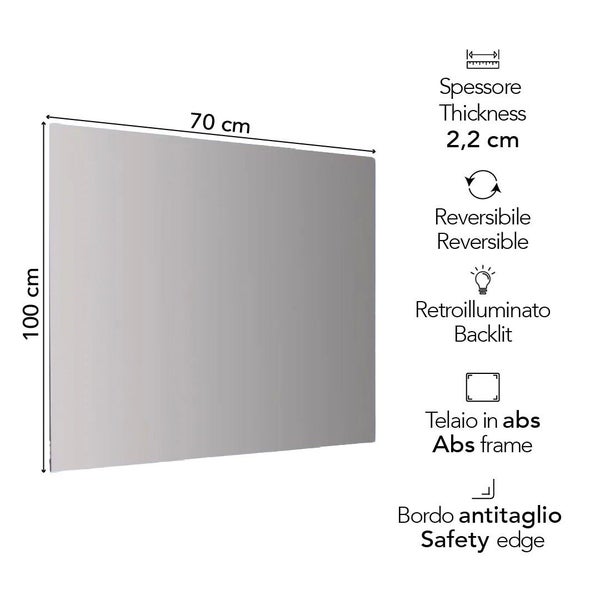 Rechteckiger Spiegel mit Hintergrundbeleuchtung, 100 mal 70 Zentimeter, Stärke 2,2 Zentimeter, wendbar, Kunststoffrahmen und Sicherheitskante.