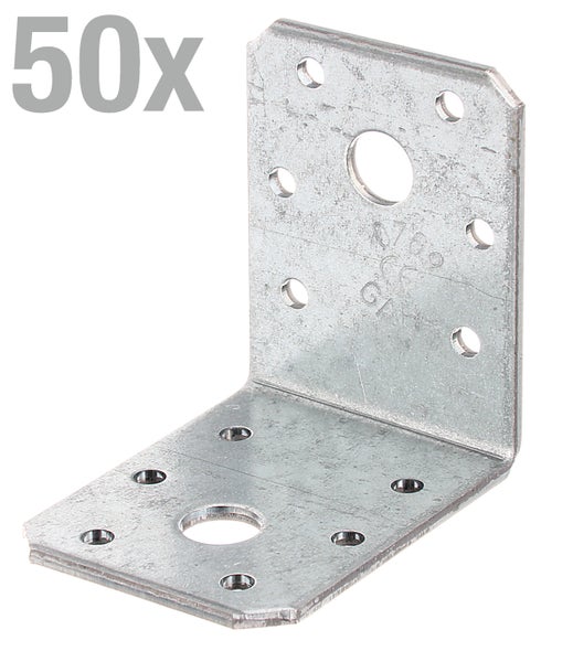 Set mit 50 Stück verzinkten Balkenwinkeln aus Stahl mit Lochung zur stabilen Holzverbindung im Bauwesen.