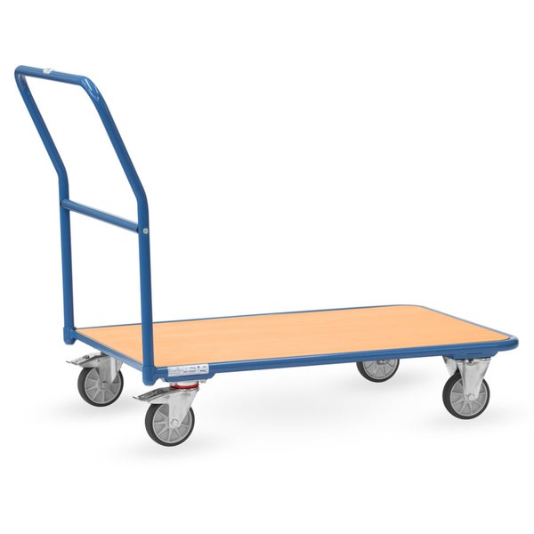 Plattformwagen mit blauem Stahlrohrgestell, einer Plattform aus Holz und vier grauen Rollen.