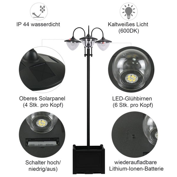 Outsunny Solarleuchte, Gartenlicht 3-köpfige Lampe mit Blumentopf-Basis, 60 x 55 x 189 cm, Edelstahl, Schwarz