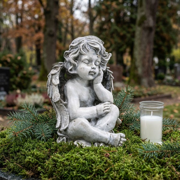 Steinfigur Engel mit Grablicht in einem Gesteck aus Moos und Tannenzweigen auf einem Friedhof.