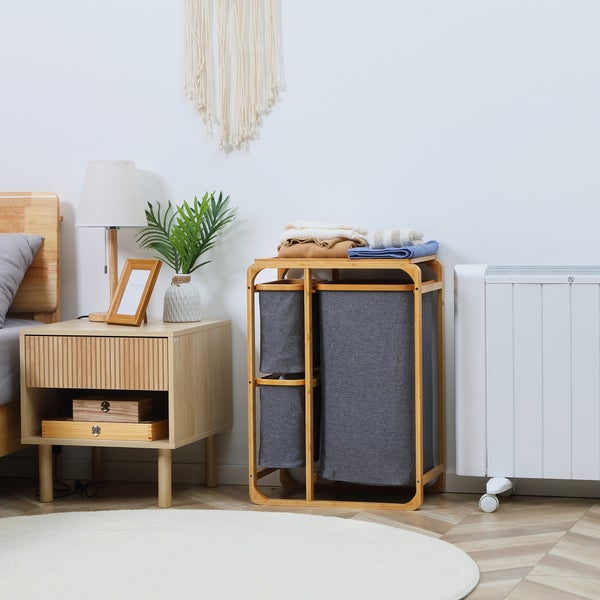 HOMCOM Wäschekorb Wäschebox mit Plattform Wäschesammler mit 3 abnehmbaren Wäschesacke Wäschesortierer für Schlafzimmer Badezimmer Bambus Grau+Natur 50 x 32 x 69,7 cm