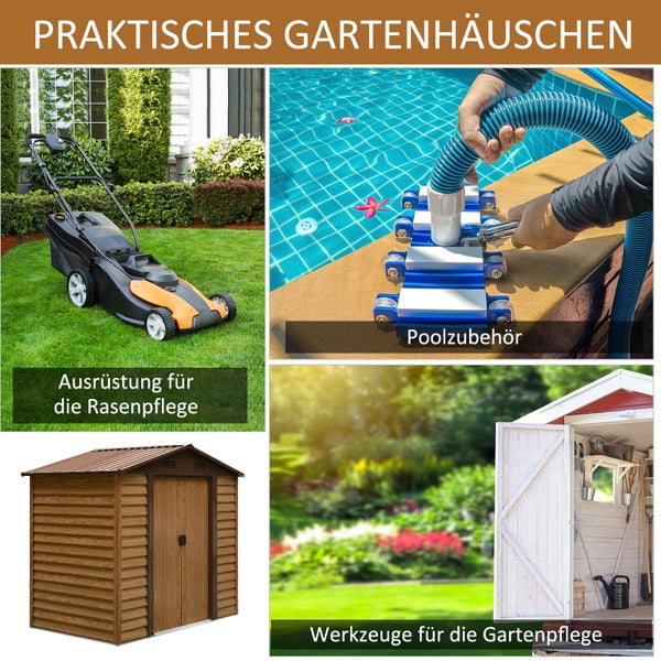 Gartenschuppen mit Holzeffekt und Metalldach