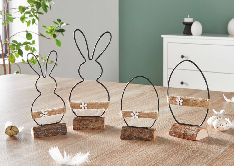 FRANK FLECHTWAREN | Osterdeko Modern, 4er Set, METALL, HOLZ, JUTE, 8,5 x 4 x 13,5 cm, 11 x 4,8 x 17 cm, 7,5 x 4 x 18 cm, 10,5 x 5 x 22,5 cm