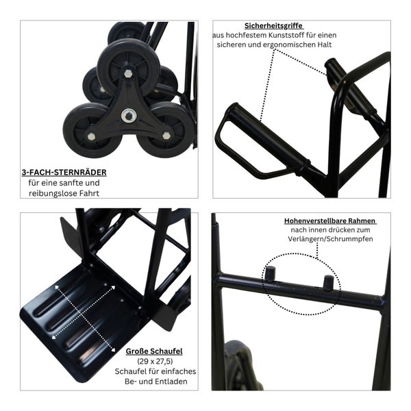 PROREGAL Treppensackkarre ODIN All Black, HxBxT 111x60x43cm, Tragkraft 200kg, Hartgummi-Bereifung, Schwarz