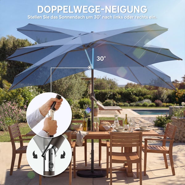 Sonnenschirm mit Kurbel zum leichten Öffnen und Schließen auf einer organisierten Holzterrasse im hellen Garten mit Pflanzen.