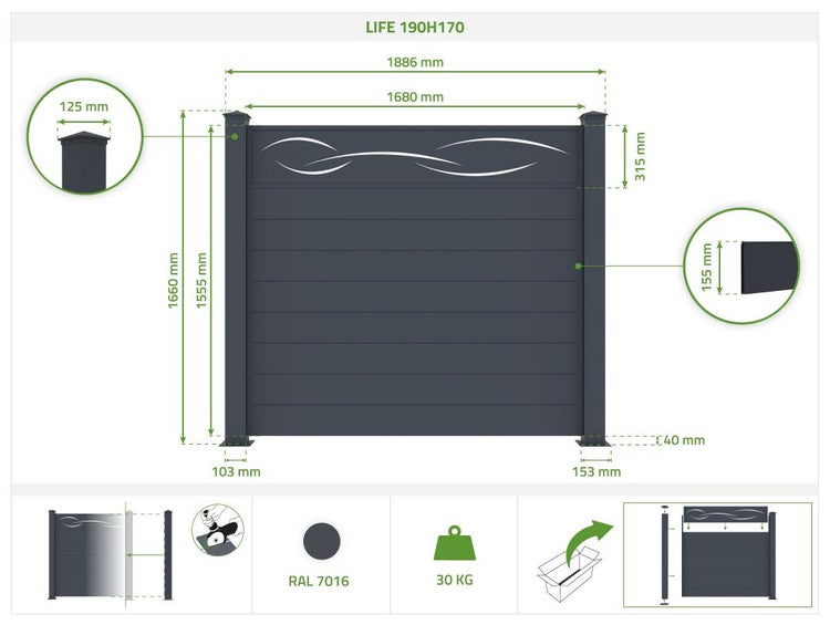 Sichtschutzzaun aus Aluminium LIFE 190H170 Grau